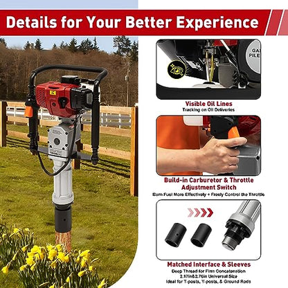 Gas Powered T-Post Driver, 1900W 52CC T Post Pounder Driver Heavy Duty Gasoline, 2-Stroke Fence Farm Push Pile Gasoline Engine Kit for Fence Post Construction Site - size: 52CC