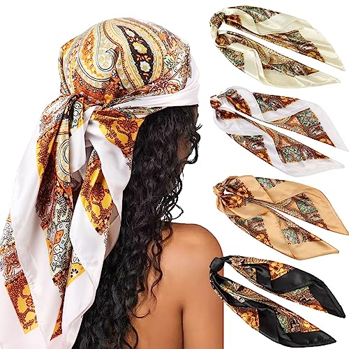 DRESHOW 35” Large Square Satin Head Scarf - 4Pcs Silk Accessories Classic Patterned Squares Beach Bandanas for Women - color: 4 Pcs: White, Beige, Ginger, Black