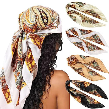 DRESHOW 35” Large Square Satin Head Scarf - 4Pcs Silk Accessories Classic Patterned Squares Beach Bandanas for Women - color: 4 Pcs: White, Beige, Ginger, Black