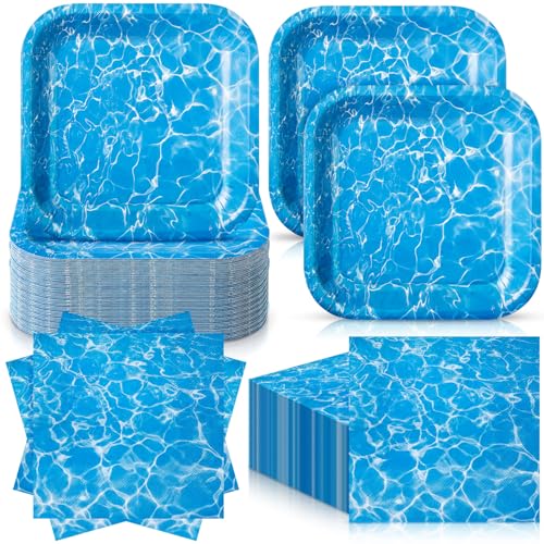 Zhehao 72 Pcs Pool Party Plates and Napkins Set Serve 36, 7" Square Under The Sea Plates and Napkins Ocean Party Supplies Blue Disposable Ocean Waves Pool Dinnerware Decoration - style: Ocean Waves