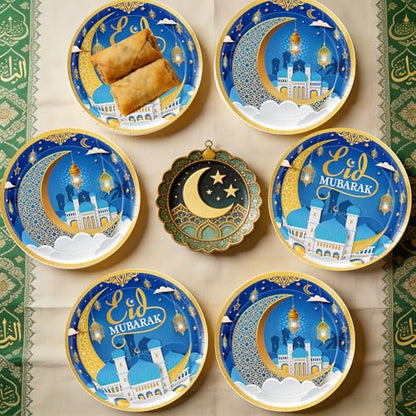 Ramadan Plates for Home Blue and Gold Eid Mubarak Ramadan 9 Inch 24Pcs Paper Plates for Ramadan Party Decorations