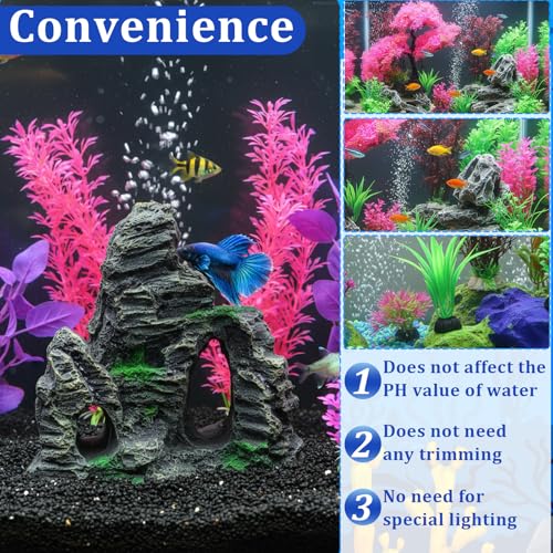 Suncalla 16 Pcs Aquarium Decor Artificial Plastic Plants Bulk Decorations Cave Rock Pink Cherry Blossom Tree Goldfish Betta Fish Tank Decorations Hides Accessories for Household Office Fish Tank