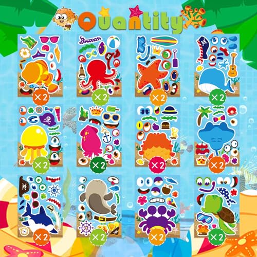 Ocean Stickers for Kids Toddlers, Make a Face Sea Animal Stickers | 24 Sheets Make Your Own Stickers for Kids Under The Sea Animal Summer Beach Stickers, Ocean Sea Party Favors - style: Ocean Stickers