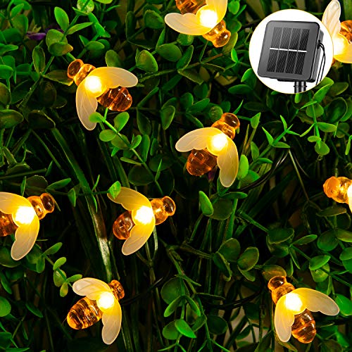 Brightown Solar Bee String Lights Outdoor 31FT 50 LED Honeybee Fairy Lights with 8 Lighting Modes, Waterproof Solar Bumble Bee for Patio Yard Garden Grass Wedding Christmas Party Decor, Warm White - color: Bee, size: 1 pc