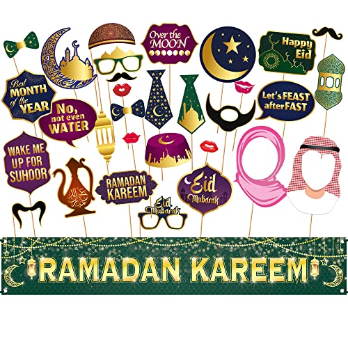Ramadan Kareem Yard Banner Large, 120x20 Inch | Multicolor, Ramadan Photo Booth Props - Pack of 32 for Ramadan Decorations | | Eid Decorations for Home | Ramadan Party Supplies | Ramzan Decorations