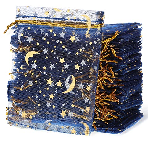Shappy 150 Pieces Drawstring Organza Bags Small Moon Stars Drawstring Sachet Jewelry Mesh Gift Bags Pouches Gold Star Organza Favor Pouches for Christmas Wedding Party (Dark Blue, 3.5 x 4.7 Inch) - color: Dark Blue