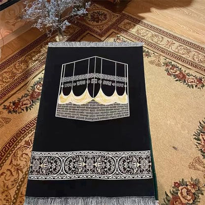 Muslim Prayer Rug Islam and Prayer Beads with Kaabe Design Cylinder Box Eid Ramadan Gifts Islamic Set Carnal Salah Mat Taffeta Fabric Black Soft Prayer Mats Sajadah Carpet Mat, Taffeta Fabric - color: Black