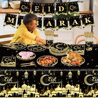 98PCS Eid Mubarak Party Supplies Black and Gold Ramadan Tableware Set Ramadan Mubarak Paper Plates and Napkins Eid Mubarak Party Decorations Eid Al-fitr Party Disposable Dinnerware Set for 16 Guests - style: Eid Mubarak