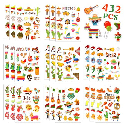 24 Sheets Cinco De Mayo Sticker, Mexican Fiesta Party Stickers, Avocado Mexican Carnival Tacos Cactus Guitar Stickers for Carnival Themed Party Supplies - color: Yellow-cinco De Mayo