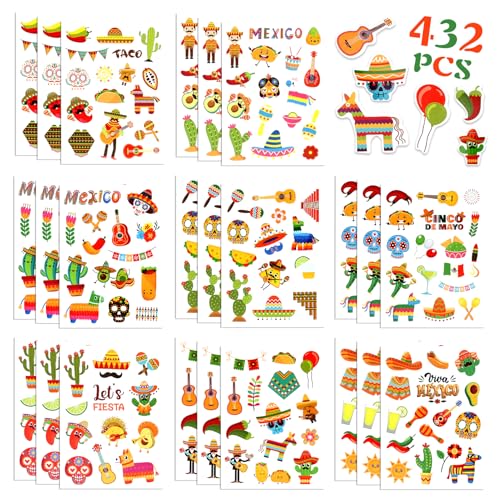 24 Sheets Cinco De Mayo Sticker, Mexican Fiesta Party Stickers, Avocado Mexican Carnival Tacos Cactus Guitar Stickers for Carnival Themed Party Supplies - color: Yellow-cinco De Mayo