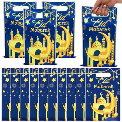 Whaline 50 Pcs Eid Mubarak Party Favor Bags Ramadan Treat Bags with Handles Blue Gold Plastic Candy Goodie Bags for Islamic Muslim Party Favors Supplies