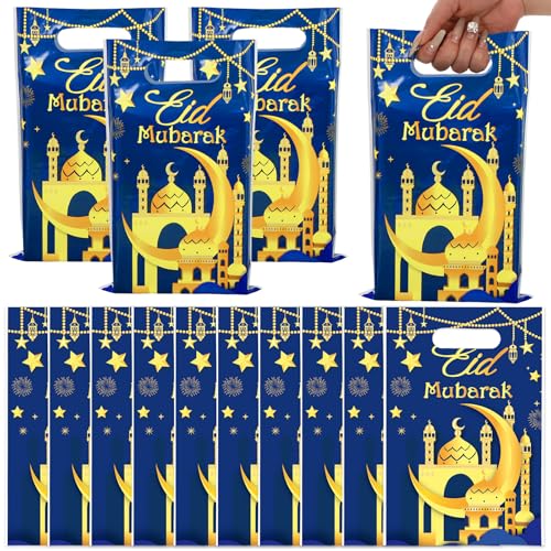 Whaline 50 Pcs Eid Mubarak Party Favor Bags Ramadan Treat Bags with Handles Blue Gold Plastic Candy Goodie Bags for Islamic Muslim Party Favors Supplies
