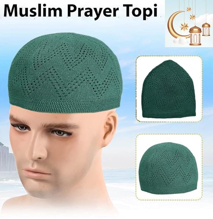 Kufi Hat for Men, Islamic Muslim Prayer Cap, Breathable Cotton Skull Cap, Traditional Taqiyah Takke, Crochet Cap - color: Green