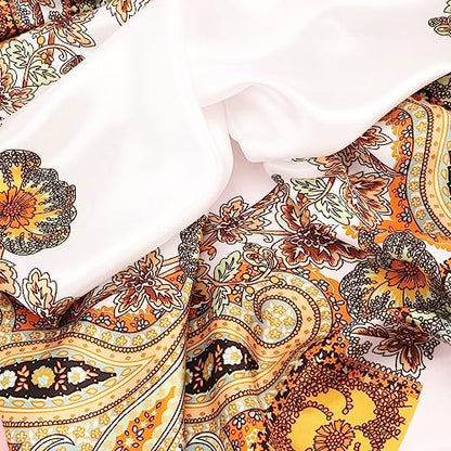 DRESHOW 35” Large Square Satin Head Scarf - 4Pcs Silk Accessories Classic Patterned Squares Beach Bandanas for Women - color: 4 Pcs: White, Beige, Ginger, Black