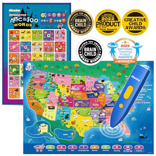 Bilingual Interactive for Kids Talking USA Map Alphabet Poster for Toddlers Learning and Educational Toys,Talking Educational Chart for Ages 3 to 12 Years Old,Learning ABC Letters for Preschool/Gift