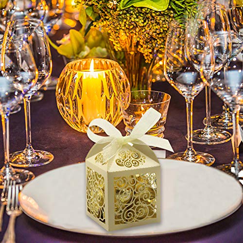 KPOSIYA 100 Pack Wedding Favor Boxes Laser Cut Boxes Party Favor Box Small Gift Boxes Lace Candy Boxes for Wedding Bridal Shower Baby Shower Birthday Party Anniverary with Ribbons (Beige, 100) - color: Beige 100