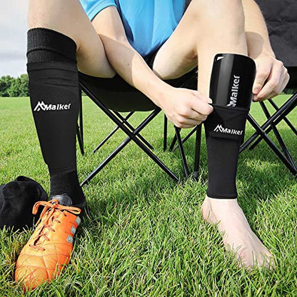 Malker Soccer Shin Guards for Kids Youth Adults Shin Guards Pads with Sleeves, Lightweight and Compact, Protective Soccer Equipment - color: Black, size: Large