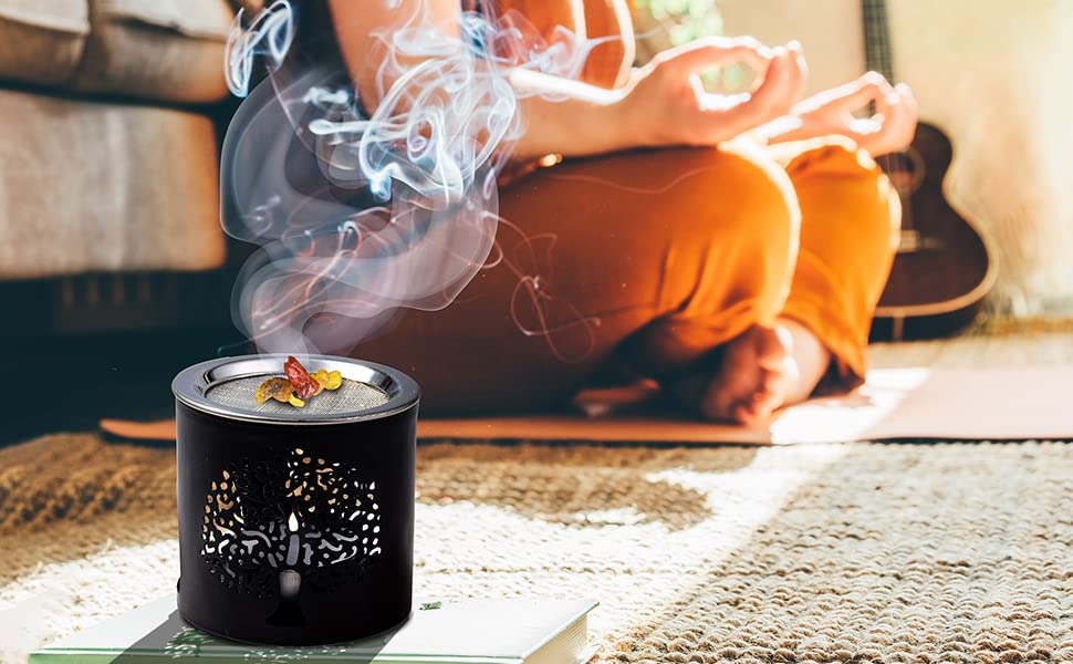 Handmade Black Iron Incense Burner/Incense Censer with Stainless Steel Sieve – 2.36-Inch Height Featuring Tree of Life Motif – Ideal for Aromatherapy and Tea Light Burning. Tealight Included - color: 2.4 Inch Tree of Life Iron
