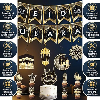 Eid Mubarak Decorations Set - Black and Gold Ramadan Party Supplies including Banner, Balloons for Muslim Islamic Eid Al-Fitr Home Wall Decor (gold) (Black & Gold)