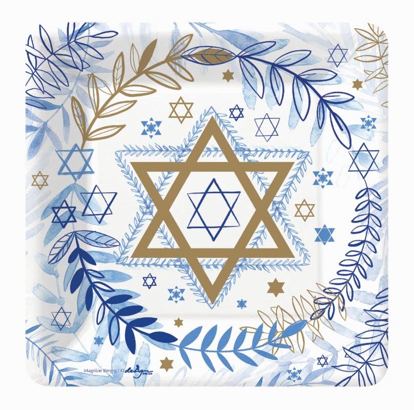 Martha's Goat Judaic Stars Party Tableware Kit - Bundle Includes Paper Dessert Plates and Napkins for 16 People - Jewish Holiday Blue White & Gold Partyware Decor