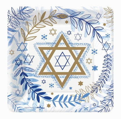 Martha's Goat Judaic Stars Party Tableware Kit - Bundle Includes Paper Dessert Plates and Napkins for 16 People - Jewish Holiday Blue White & Gold Partyware Decor