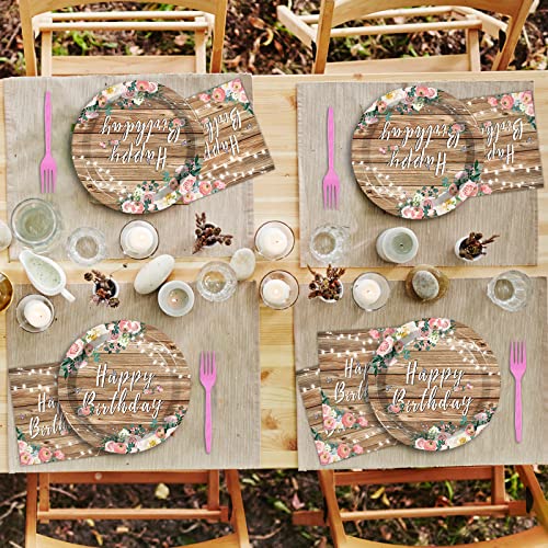 96PCS Spring Floral Birthday Party Plates Wood Grain Pink Flower Rustic Tableware Set for Girls Kids Bridal Shower Party Supplies Wooden Birthday Paper Plates Napkins Decorations for 24 Guests - style: Pink Floral