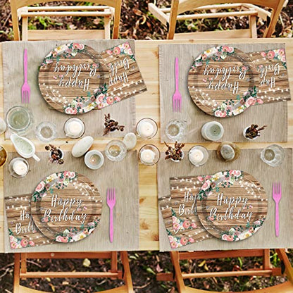 96PCS Spring Floral Birthday Party Plates Wood Grain Pink Flower Rustic Tableware Set for Girls Kids Bridal Shower Party Supplies Wooden Birthday Paper Plates Napkins Decorations for 24 Guests - style: Pink Floral
