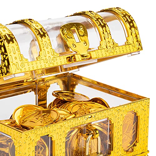 Treasure Chest with Lock and Key,Pirate Theme Party Favors for Kids,Transparent Golden Pirate Chest - color: transparent golden chest 2
