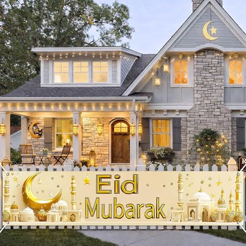 BlissYard Eid Mubarak Large Banner Backdrop 79x18Inch Festive Celebration Display for Eid Al-Fitr Al-Adha Islamic Holiday Wall Banner for Photo Background Ramadan Indoor Outdoor Event Decor