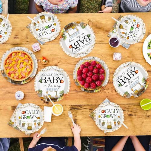 Grencian 96Pcs Locally Grown Baby Shower Decorations Farmers Market Party Plates and Napkins Vegetable Theme Disposable Tableware for Food Market Party Baby Shower Decorations Serves 24 - style: Food Market Baby Sets