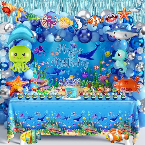 WHYMEO Under the Sea Party Decorations, 98 Pcs Ocean Theme Birthday Set | Include Backdrop, Tablecloth, Ocean Animals, Bubble Garlands Arch, Ocean Birthday Pool Party, Baby Shark Decorations