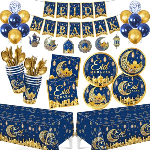 Eid Mubarak Decorations Set, 191 Pcs Party Supplies Serves 24, Cohesive Eid Decor for Family Parties, Iftar & Mosque Events Blue & Gold - style: Blue