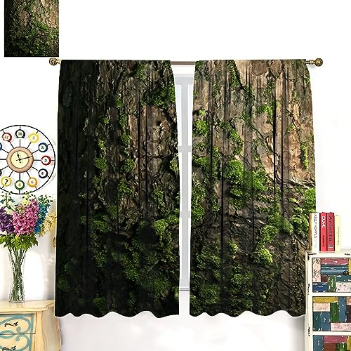 Brown Tree Bark Retro Curtains Natural Plant Green Moss Rustic Country Old Trunk Wood Art Print Rod Pocket Blackout Window Treatment for Bedroom Kitchen Living Room Home Decor Window Drapes 42x45in