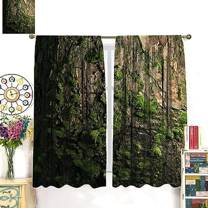 Brown Tree Bark Retro Curtains Natural Plant Green Moss Rustic Country Old Trunk Wood Art Print Rod Pocket Blackout Window Treatment for Bedroom Kitchen Living Room Home Decor Window Drapes 42x45in