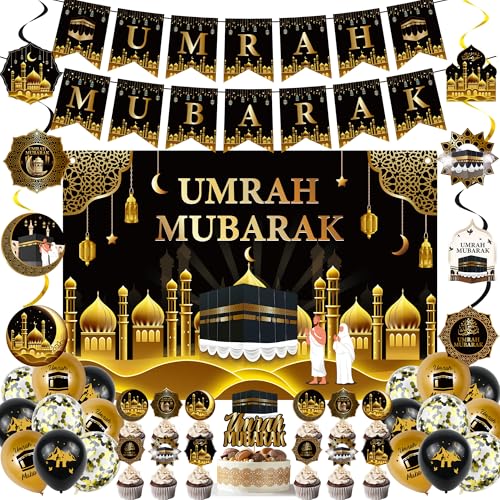 Umrah Mubarak Decorations Ramadan Eid - 42 Pcs Gold Black Party Balloons Banners Hanging Swirls Backdrop(60×40 inch) Cake Toppers Balloon for Lslamic Muslim Umrah Mubarak Eid Festival Party Supplies