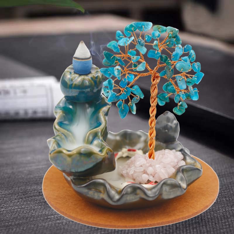 Waterfall Burner, Crystal Tree Backflow Incense Holder, with 30 Incense Cones, 30 Incense Stick, 1 Healing Crystal Necklace, Aromatherapy Anxiety Relief Items, Mom Gifts for Christmas - color: Blue Apatite