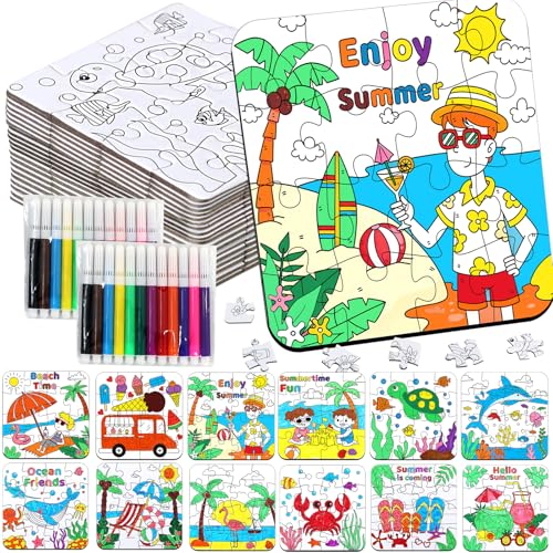 24Set Summer Arts & Crafts for Kids Adults Bulk, Hawaiian Summer Activity DIY Puzzle Kit with Beach Tropical Palm Tree, Luau Ocean Theme Painting for Classroom Party Favors Gift Coloring Game Supplies - color: Summer Colorful