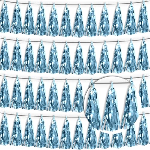 4P Light Blue Tassel Banner Garland Metallic Foil Fringe Banner Tinsel Tassels Streamer Banner Backdrop for Parade Floats, 2025 Graduation Decorations, Wedding Party Decoration - color: Light Blue