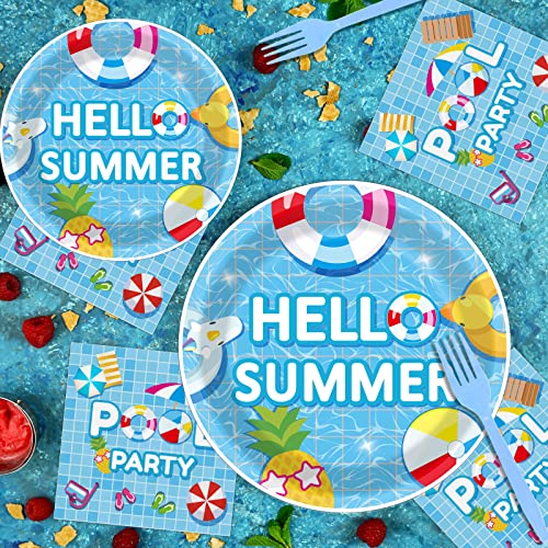 96 Pieces Pool Party Tableware Set for Summer Beach Table Decorations Supplies Beach Ball Birthday Dessert Plates Summer Pool Party Napkins Forks for 24 Guests Hawaiian Pool Birthday Party Favors - style: Pool Party