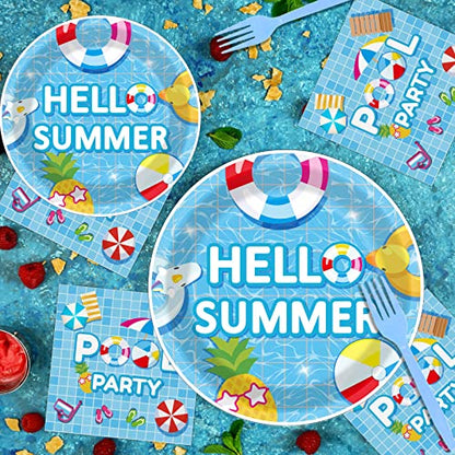 96 Pieces Pool Party Tableware Set for Summer Beach Table Decorations Supplies Beach Ball Birthday Dessert Plates Summer Pool Party Napkins Forks for 24 Guests Hawaiian Pool Birthday Party Favors - style: Pool Party
