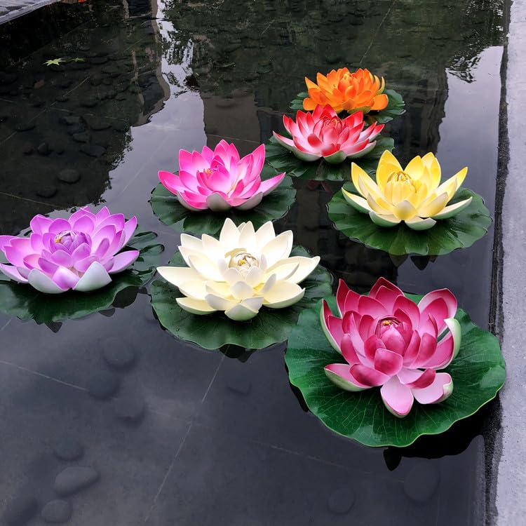 4Pcs Floating Foam Lotus Flowers with Lily Pads, Artificial Pond Plants Ornaments for Pool Aquarium Water Decoration