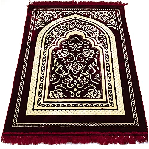 Modefa Turkish Islamic Velvet Prayer Rug - Thick & Wide Soft Praying Carpet for Men & Women - Large Prayer Mat - Eid & Ramadan Gift - with Kufi Cap, Beads & Car Hanger - Double Plush (Floral Red) - color: Floral Arch - Red