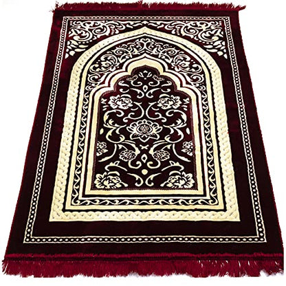 Modefa Turkish Islamic Velvet Prayer Rug - Thick & Wide Soft Praying Carpet for Men & Women - Large Prayer Mat - Eid & Ramadan Gift - with Kufi Cap, Beads & Car Hanger - Double Plush (Floral Red) - color: Floral Arch - Red