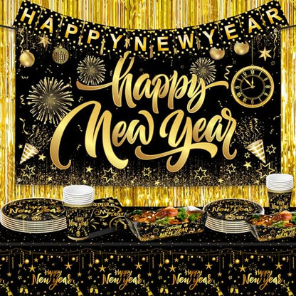 KatchOn, New Years Eve Plates and Napkins Set - Serve 25 Guest | Gold Fringe Curtain Backdrop, Happy New Year Banner | Gold Backdrop, New Years Plates and Napkins and Cups, Happy New Year Decorations
