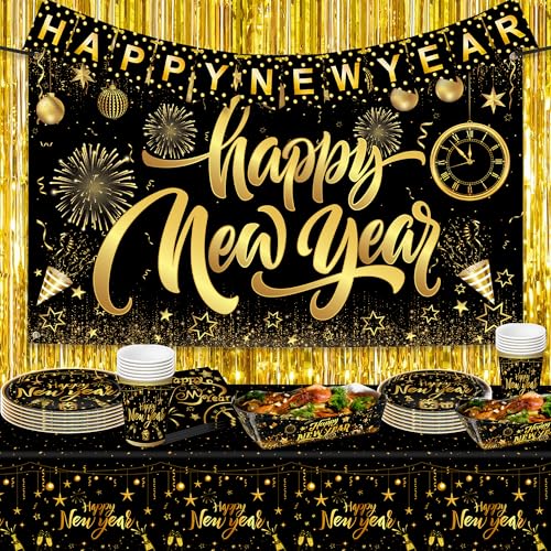 KatchOn, New Years Eve Plates and Napkins Set - Serve 25 Guest | Gold Fringe Curtain Backdrop, Happy New Year Banner | Gold Backdrop, New Years Plates and Napkins and Cups, Happy New Year Decorations