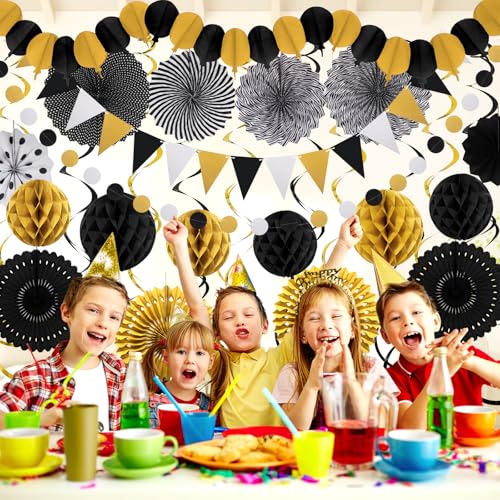 Black Gold Party Decorations, New Years Eve Party Supplies Easy Assembly Paper Fan Honeycomb Ball Garland Hanging Swirl for Graduation Congrats Grad Birthday Happy New Year Party