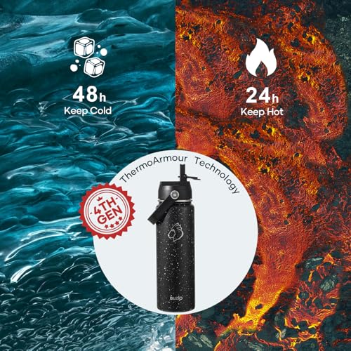 BUZIO 24 oz Insulated Water Bottle, Stainless Steel Wide Mouth Water Flask with Straw Lid, Cold for 48 Hrs Leak Proof Metal Hydro Thermo Canteen Mug, Starry Day & Night - color: Starry Day & Night, size: 24 Ounces