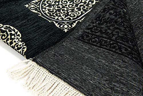 ihvan Online Muslim Prayer Rug with Beads Tasbih, Janamaz, Kaaba Cover Design Sajadah, Soft Prayer Rug, Islamic Gifts for Ramadan Eid, Praying Carpet Mat, Black - color: Black