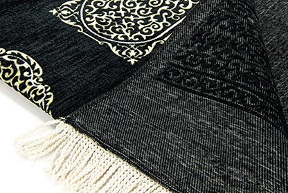 ihvan Online Muslim Prayer Rug with Beads Tasbih, Janamaz, Kaaba Cover Design Sajadah, Soft Prayer Rug, Islamic Gifts for Ramadan Eid, Praying Carpet Mat, Black - color: Black