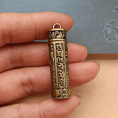 Mantra Prayer Cylinder Pendant Brass Hollow Screw Top Engraved Scripture Amulet Keychain Portable For Daily Carry Travel Home
